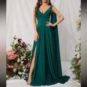 Luxe slit thigh draped sleeve party holidays formal gown dress